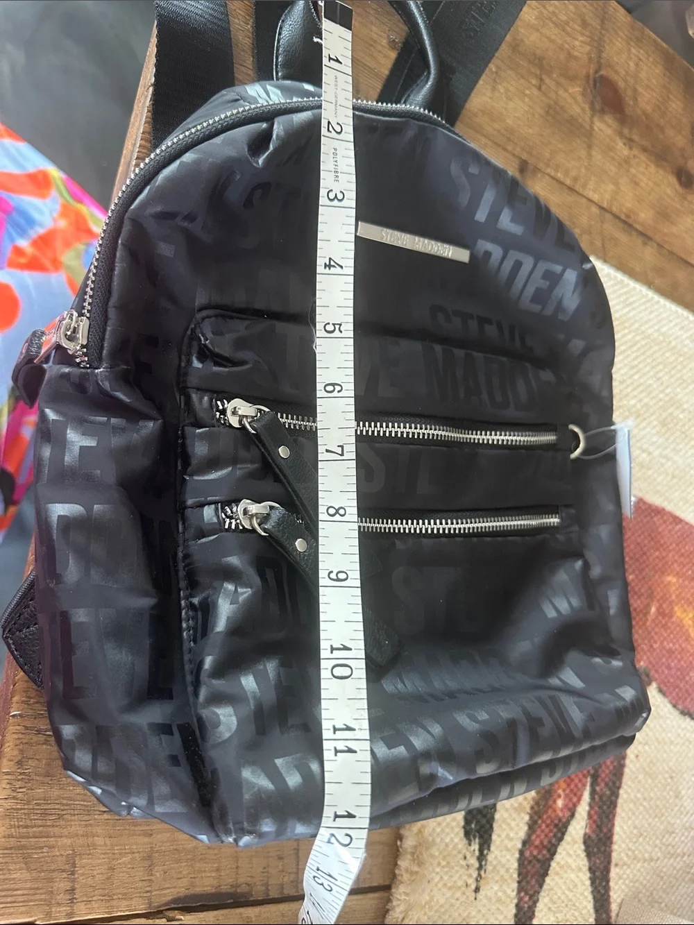 Steve Madden Black Logo Print Backpack with Silver Hardware